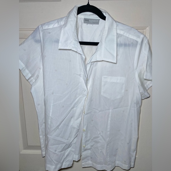 Sag Harbor Tops - Women’s Sag Harbor Short‎ Sleeve Button Shirt White Stars Print L